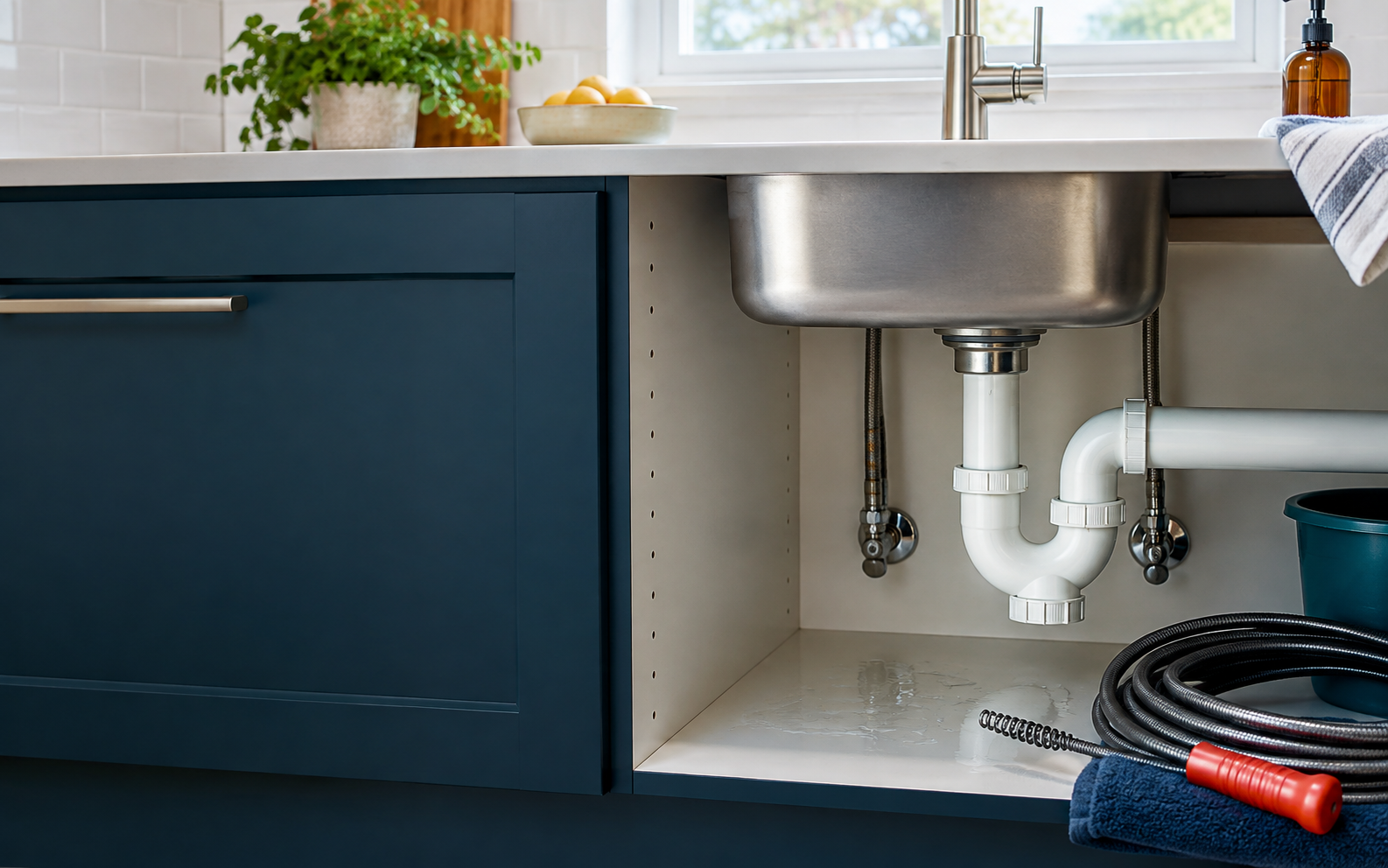 Kitchen sink drain, trap, and drain cable ready for inspection