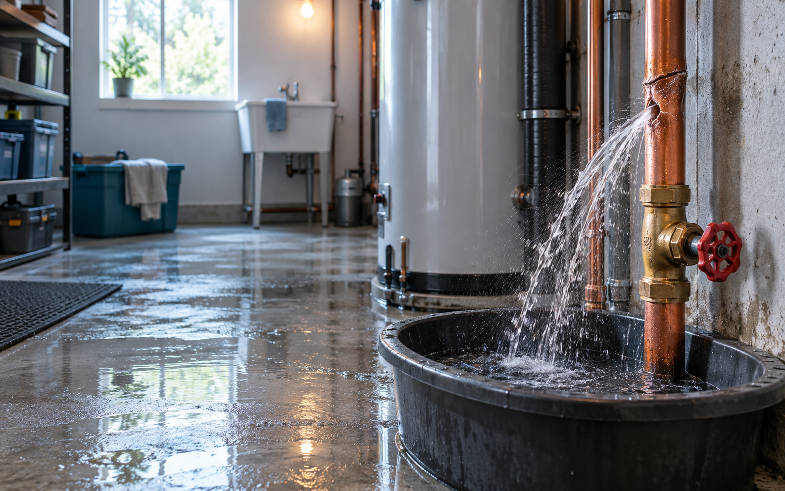 Burst copper pipe directing water into a catch basin in a utility room