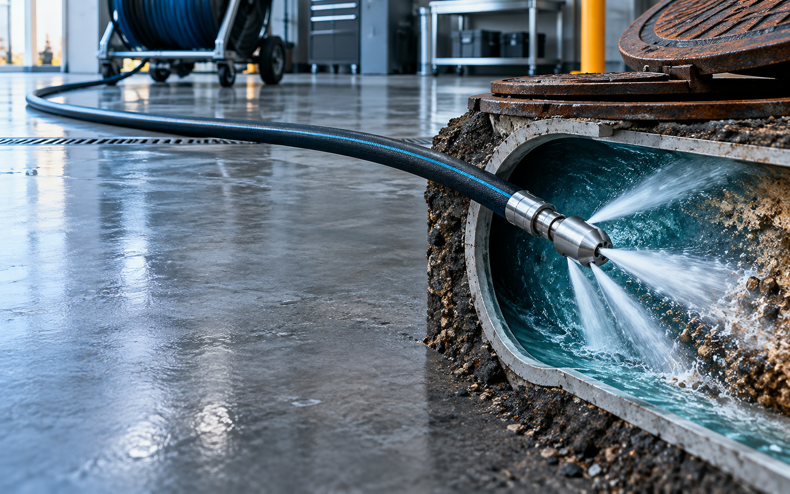 Hydro jetting nozzle cleaning buildup inside a drain line
