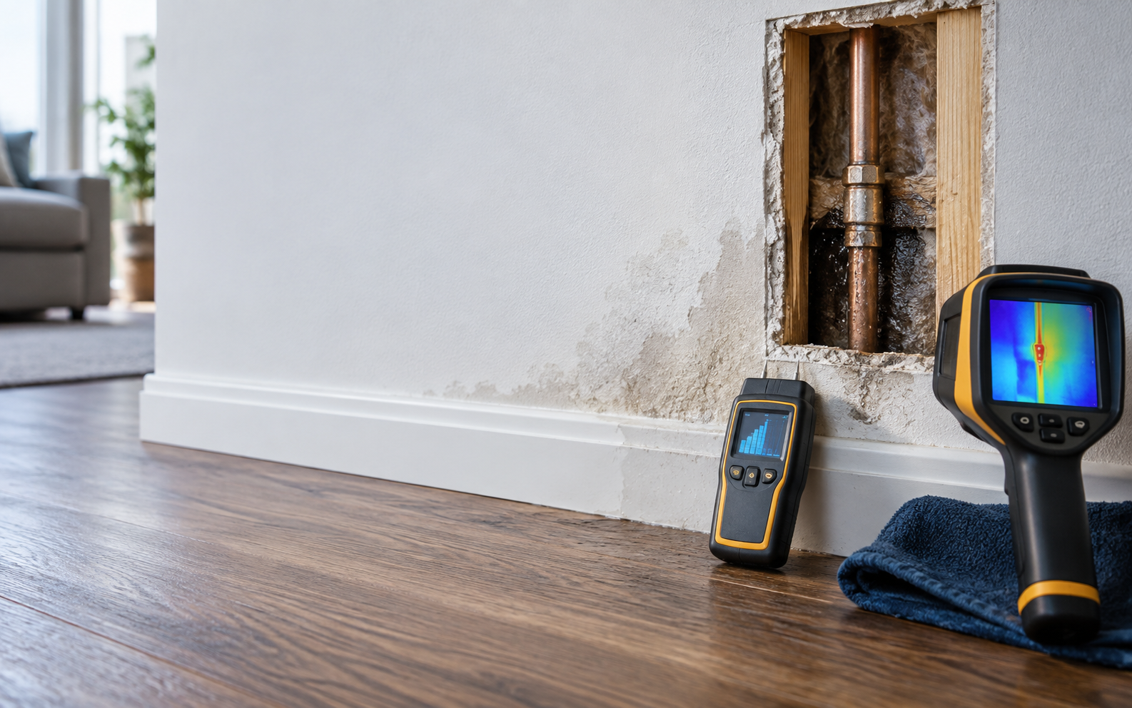 Moisture and thermal tools beside a concealed pipe leak in a wall