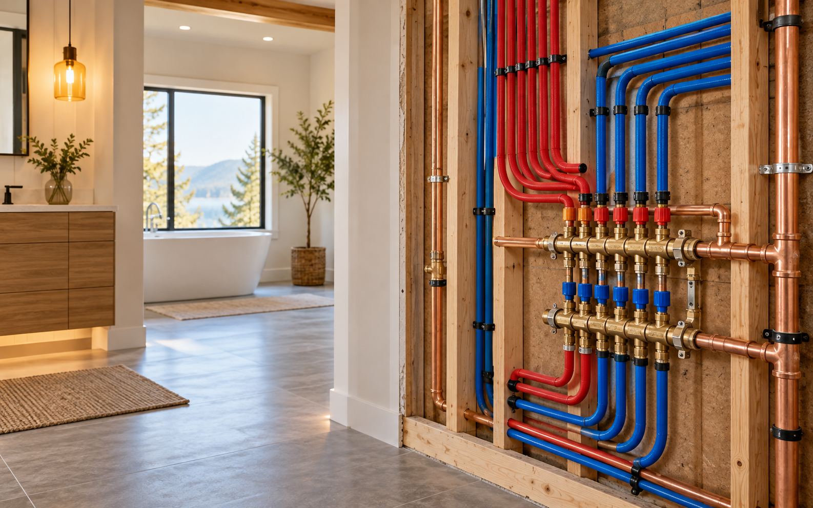 Organized new supply piping and manifolds inside an open residential wall